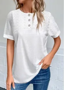 Modlily White Embroidery Short Sleeve Round Neck Blouse - L