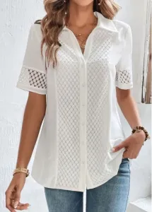 Modlily White Lace Button Up Shirt Collar Blouse - L