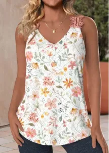 Modlily White Lace Floral Print Sleeveless Square Neck Tank Top - M