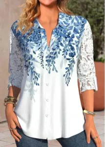 Modlily White Lace Leaf Print Long Sleeve Shirt Collar Blouse - M