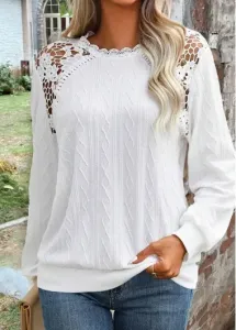 Modlily White Lace Long Sleeve Round Neck Sweatshirt - L
