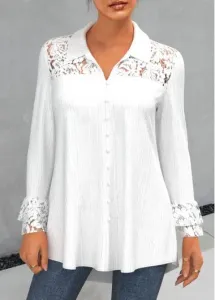 Modlily White Lace Long Sleeve Stitching Button Up Turndown Collar Blouse - XXL