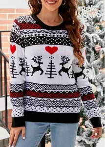 Modlily White Patchwork Elk Print Long Sleeve Round Neck Sweater - L