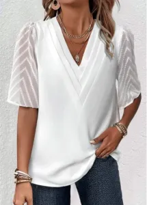 Modlily Women White V Neck Blouse Patchwork Mesh Half Sleeve Shirt - XL