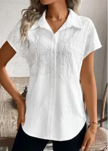 Modlily White Patchwork Short Sleeve Shirt Collar Blouse - L