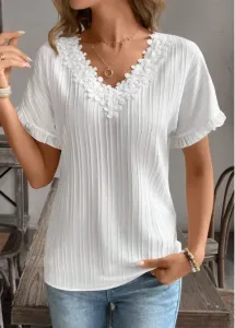 Modlily White Patchwork Short Sleeve V Neck Shirt - M