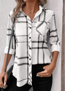 Modlily White Pocket Geometric Print Long Sleeve Shirt Collar Blouse - 2XL