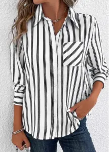 Modlily White Pocket Striped Long Sleeve Shirt Collar Blouse - M