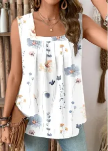 Modlily White Ruched Floral Print Sleeveless Square Neck Tank Top - S