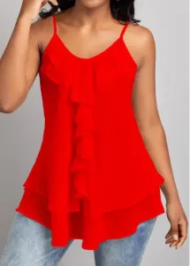 Modlily Red Ruffle Strappy Scoop Neck Camisole Top - M