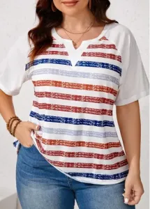 Modlily White Split Plus Size Striped Short Sleeve T Shirt - 2XL