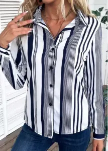 Modlily White Striped Long Sleeve Shirt Collar Blouse - 2XL