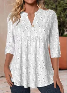 Modlily White Textured Fabric 3/4 Sleeve Split Neck Blouse - XXL
