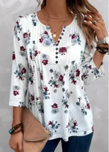 Modlily White Tuck Stitch Floral Print 3/4 Sleeve Blouse - L