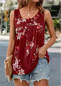 Modlily Wine Red Button Floral Print Tank Top - 4XL