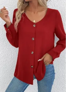 Modlily Wine Red Button Long Sleeve V Neck Blouse - L