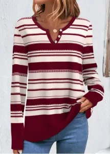 Modlily Wine Red Button Striped Long Sleeve Sweatshirt - M