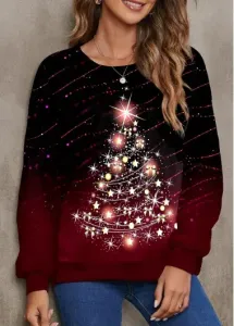 Modlily Wine Red Christmas Print Long Sleeve Round Neck Sweatshirt - XXL