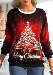 Modlily Wine Red Fake 2in1 Christmas Tree Print Sweatshirt - XL