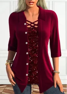Modlily Wine Red Fake 2in1 Square Neck Blouse - L