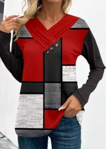 Modlily Wine Red Patchwork Geometric Print Long Sleeve Sweatshirt - L