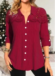 Modlily Wine Red Patchwork Long Sleeve Turn Down Collar Blouse - L