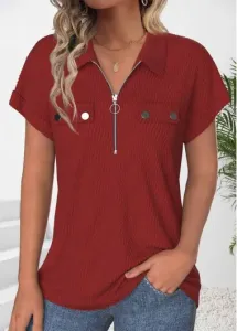 Modlily Wine Red Zipper Short Sleeve Polo Collar Shirt - L