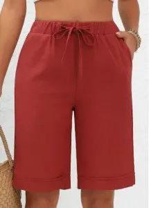 Modlily Brick Red Pocket Elastic Waist High Waisted Shorts - 3XL
