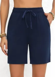Modlily Navy Double Side Pockets Elastic Waist High Waisted Shorts - M