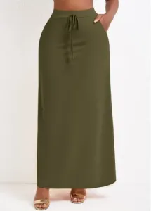 Modlily Olive Green Pocket A Line Drawastring Maxi Skirt - 2XL