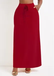 Modlily Wine Red Pocket A Line Drawastring Maxi Skirt - 2XL