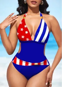Modlily American Flag Print Halter Color Block One Piece Swimwear - M