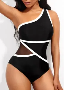 Modlily Asymmetric Contrast Binding Black One Piece Swimwear - XXL