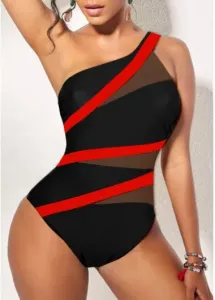 Modlily Asymmetry Black Contrast One Piece Swimwear - XL