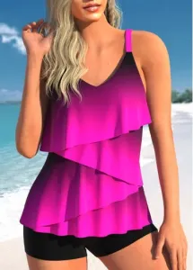 Modlily Asymmetry Ombre Neon Rose Red Tankini Set - M