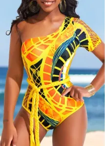 Modlily Asymmetry Tribal Print Yellow Belted One Piece Swimwear - S