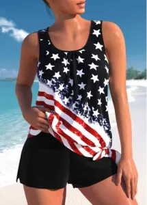 Modlily July 4Th American Flag Print Black Bowknot Mid Waisted Tankini Set - M