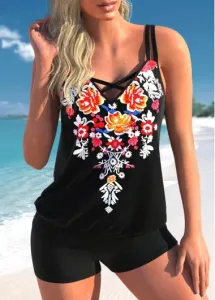 Modlily Black Floral Print Cross Strap Tankini Top - S