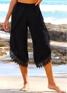 Modlily Black High Waisted Lace Stitching Beach Pants - M