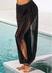 Modlily Black Side Slit Glitter Fabric Stitching Beach Pants - XL