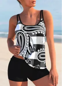 Modlily Black&White Block Print Tankini Swimsuit With Shorts Plaid And Paisley Print Spaghetti Strap Tankini Set - S #179140