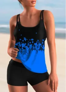 Modlily Blue Floral Tankini Swimsuit With Shorts Ombre Floral Print Spaghetti Strap Tankini Set - S