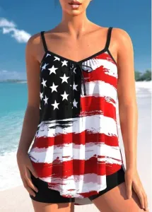 Modlily Bowknot American Flag Print Black Tankini Top - XL