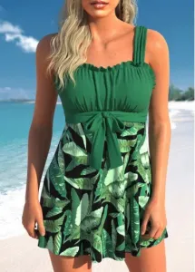 Modlily Bowknot Leaf Print Green Swimdress Set - S