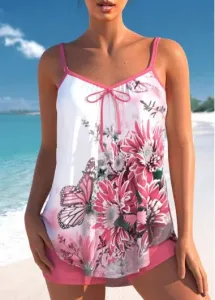 Modlily Bowknot Mid Waisted Floral Print Pink Tankini Set - S