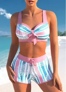 Modlily Bowknot Multi Stripe Print Pink Bikini Set - L #900409