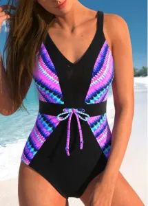 Modlily Bowknot Tie Dye Print Purple One Piece Swimwear - XL
