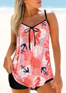 Modlily Bowknot Tropical Plants Print Coral Red Tankini Top - L