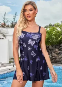 Modlily Butterfly Print Ombre Wide Strap Swimdress and Panty - S