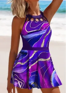 Modlily Cage Neck Dazzle Colorful Print Purple Swimdress and Panty - L